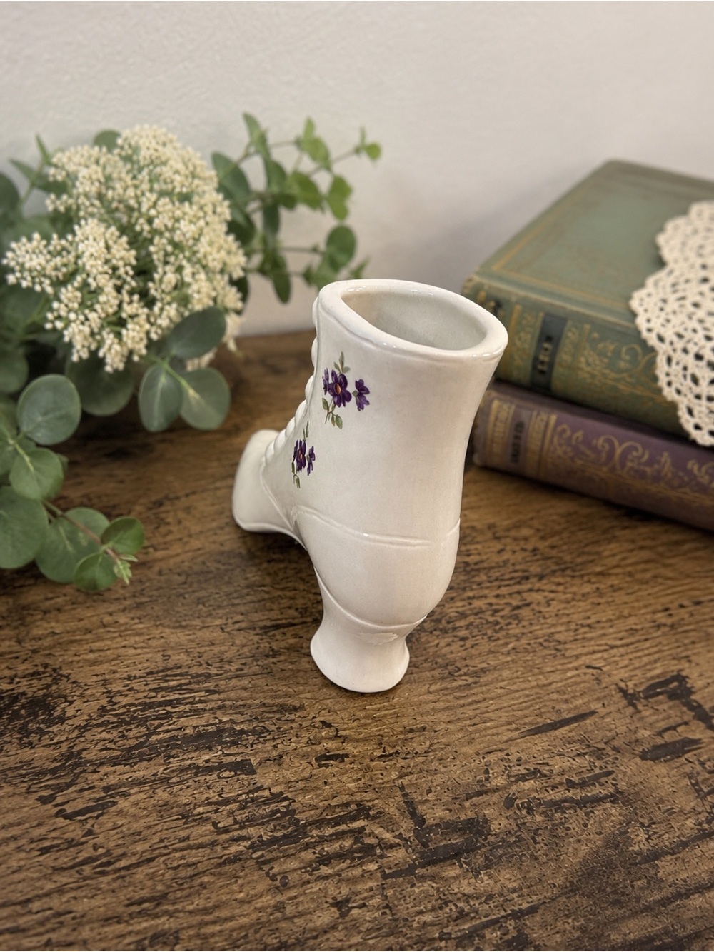 Vintage Victorian Boot Vase Planter | White Ceramic Floral Shoe Vase - Picture 3 of 5